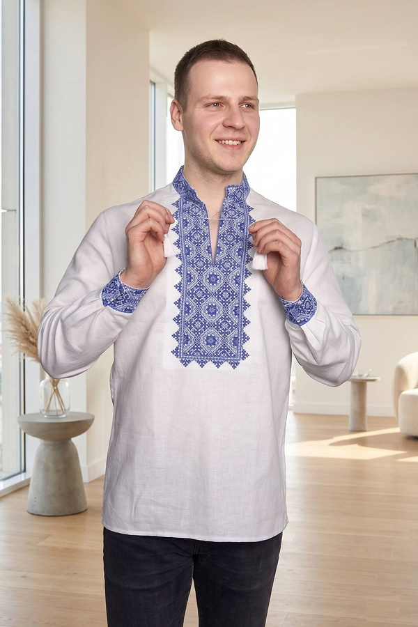 Sviatoslav is new white embroidered shirt with blue embroidery