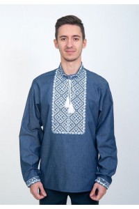 Power lover, blue men's embroidered shirt with white cross embroidery