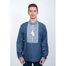 Power lover, blue men's embroidered shirt with white cross embroidery