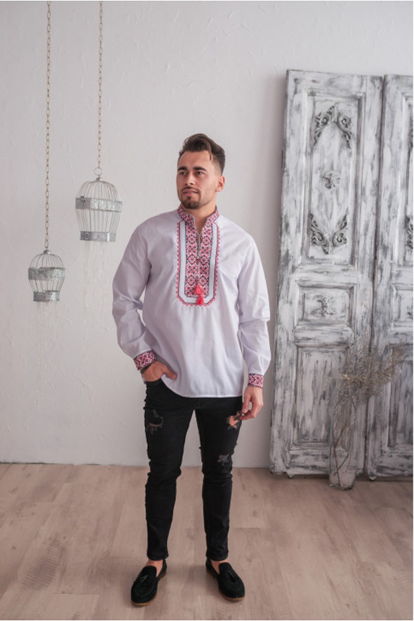 Men’s embroidered shirt “Kapral Plus” (white with red), XXL