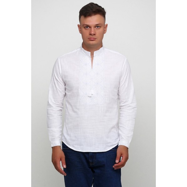 is white, and men's white embroidered shirt on white