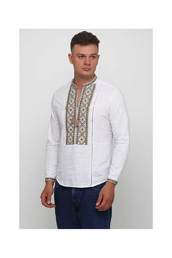Sviatomyr white men's shirt with olive embroidery (vyshyvanka)