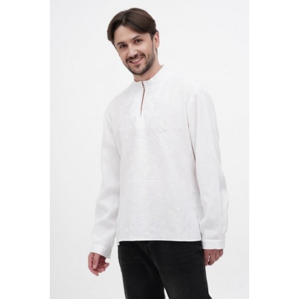 White men's embroidered shirt with white Oleksa linen embroidery