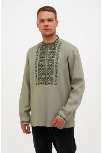 Olive embroidered shirt with khaki embroidery for men, linen Gryts