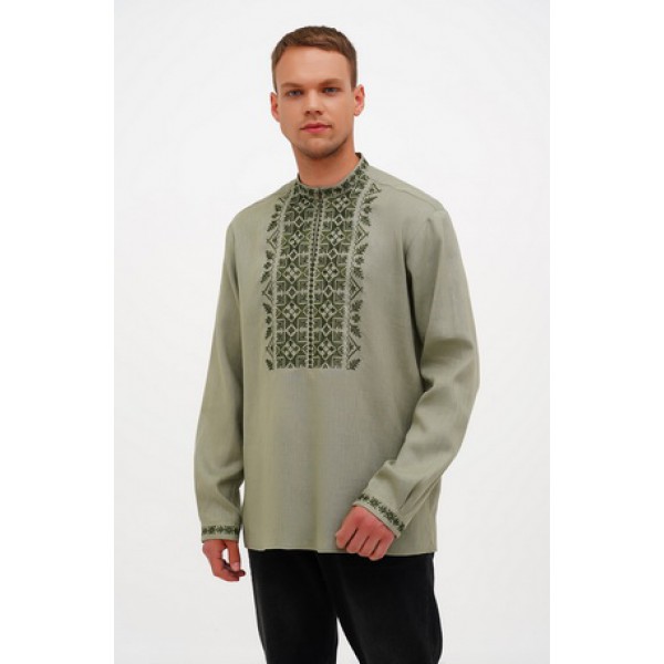 Olive embroidered shirt with khaki embroidery for men, linen Gryts