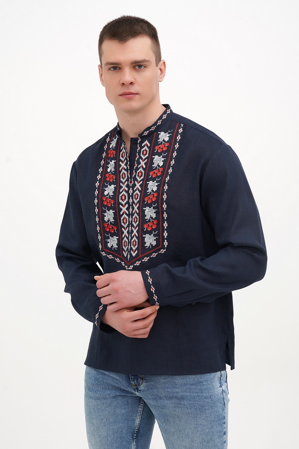 Men's embroidered shirt Marko, dark blue linen, 60 (5XL)