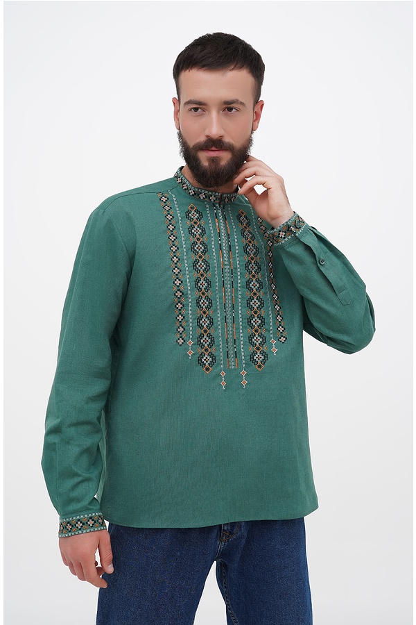 Men's embroidered shirt Zakhar, green linen, 60 (5XL)