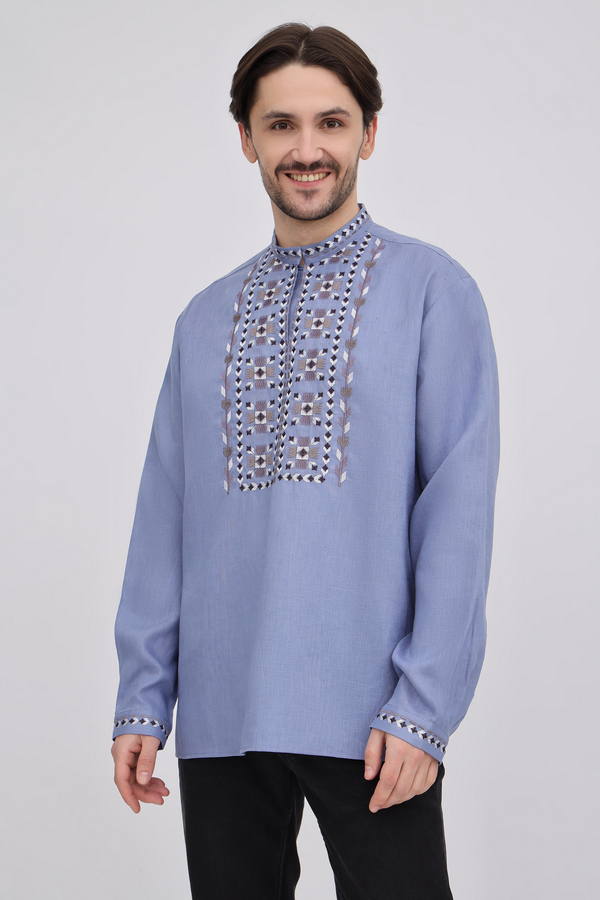 Men’s linen embroidered shirt “Danylo” (blue), 60 (XXXL)