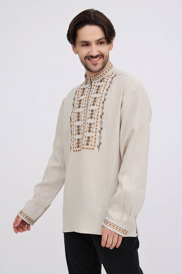 Men's linen embroidered shirt Danylo beige, 60 (XXXL)