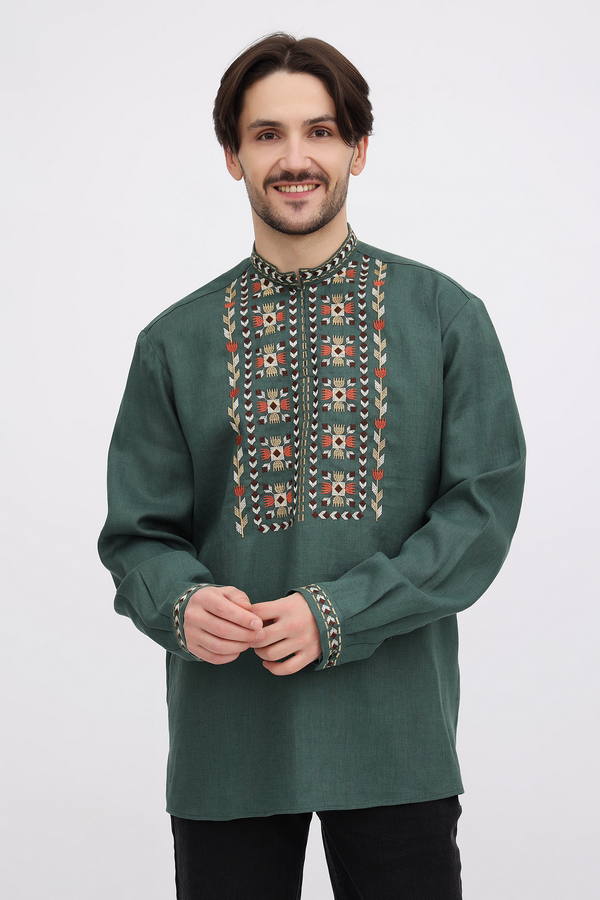 Men's linen embroidered shirt Danylo green