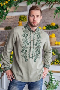 Dibrova, men's embroidered shirt with beige-green cross stitch