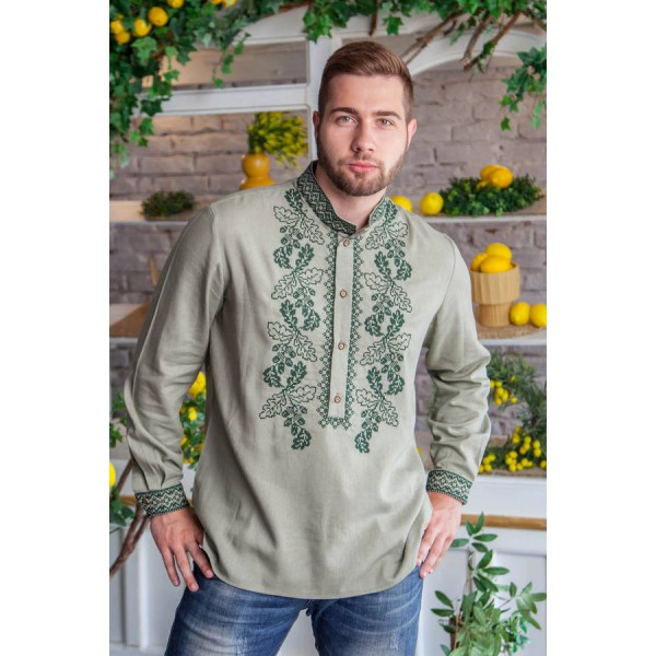 Dibrova, men's embroidered shirt with beige-green cross stitch