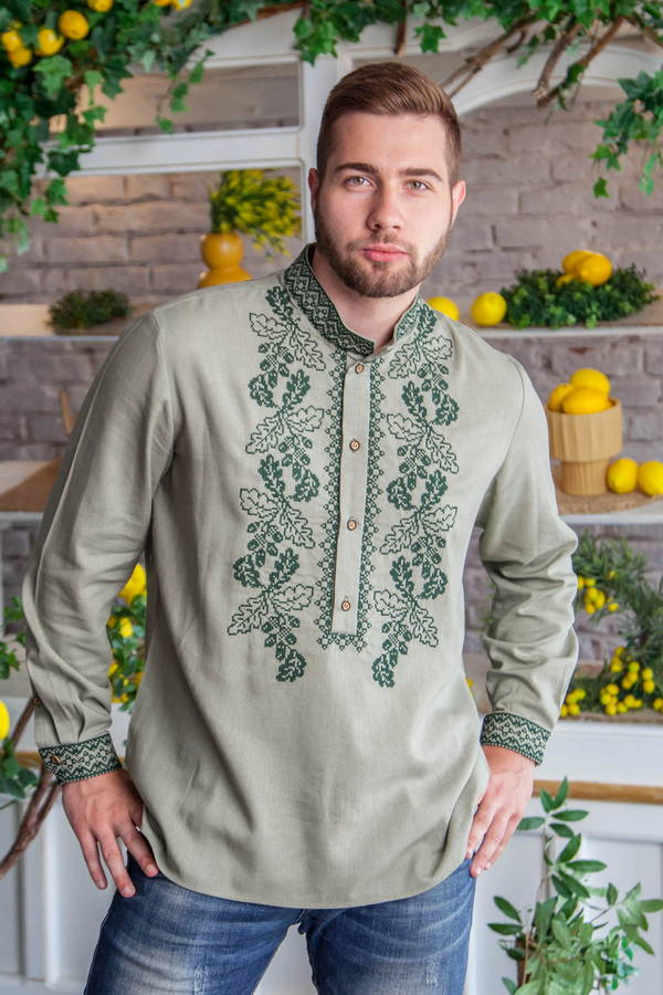 Men’s embroidered vyshyvanka shirt with green cross-stitch embroidery “Green Oak Grove” 