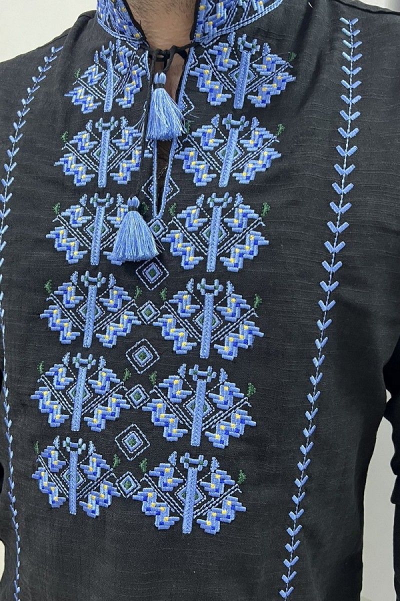 Black men's embroidered shirt with blue embroidery Zalissya