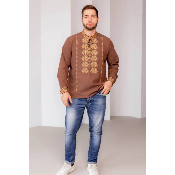 Zalisya, brown double embroidered shirt for men