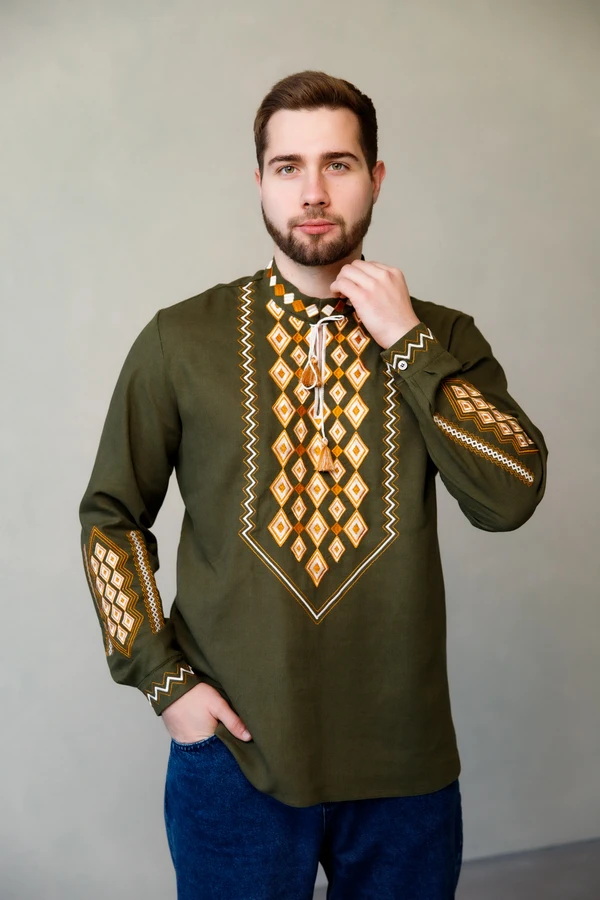 Men's khaki vyshyvanka Horian, size XXL