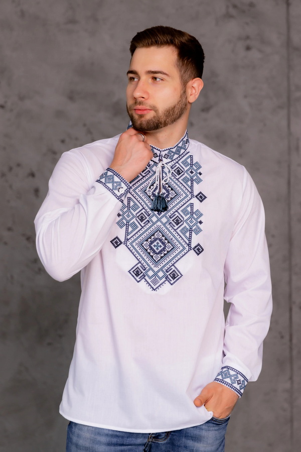 Classic white men's vyshyvanka with cross-stitch embroidery Hordii 