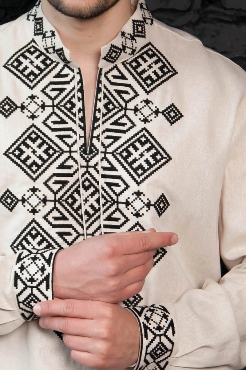 Бежева (меланж) парна вишиванка чоловіча Руна, S 