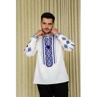 Мужская белая вышиванка с голубой вышивкой Руслан, M 
