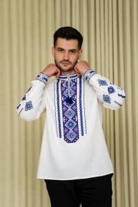 Мужская белая вышиванка с голубой вышивкой Руслан, M 