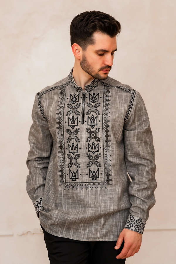 Gray men's vyshyvanka with black embroidery Volodymyr