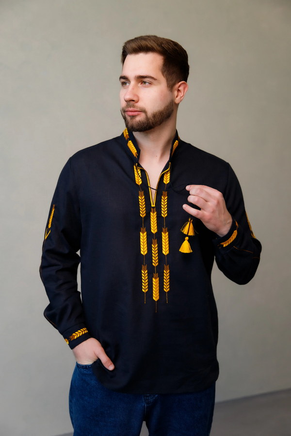 Black men’s embroidered vyshyvanka with embroidered wheat ears “Golden Fields”, XXL