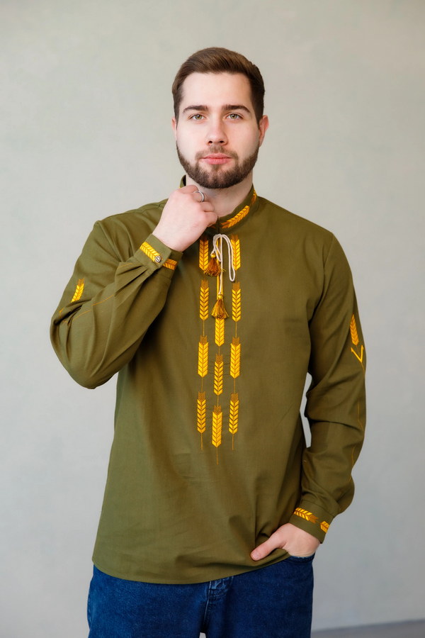 Men’s khaki vyshyvanka with embroidered wheat ears “Golden Fields”, XXL