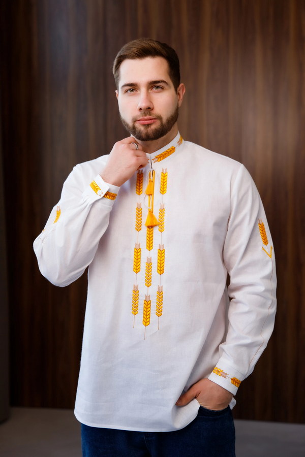 White embroidered shirt for men with embroidered ears of wheat Golden fields, XXL