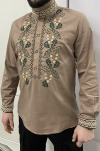 Dibrova, men's embroidered shirt with beige-green cross stitch