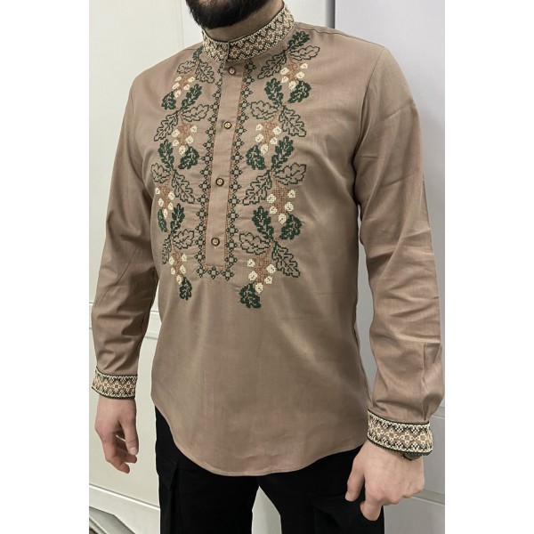 Dibrova, men's embroidered shirt with beige-green cross stitch