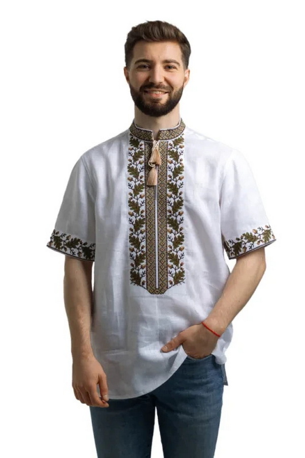 Men's white embroidered shirt with short sleeves Oak 