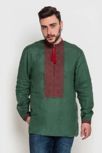 Men's embroidered shirt made of dark green linen Platon