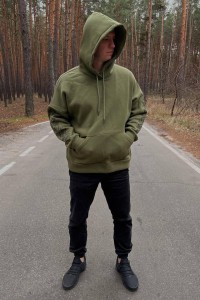 Men's hoodie khaki with embroidery on the sleeve.