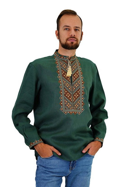 Men's embroidered shirt Bazhan, green linen
