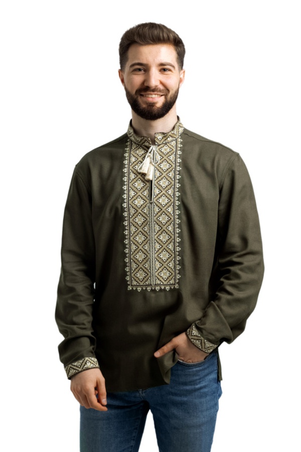 Чоловіча вишиванка з довгим рукавом, льон хакі, Честислав, розмір XL