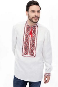Белая вышитая рубашка для мужчин с красной вышивкой и длинными рукавами Мирослав