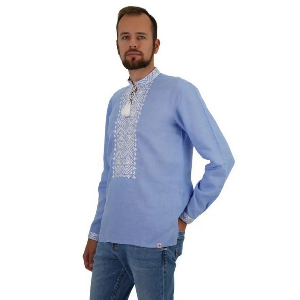 Podolyan, a vyshyvanka for a boy made of gray linen with blue embroidery