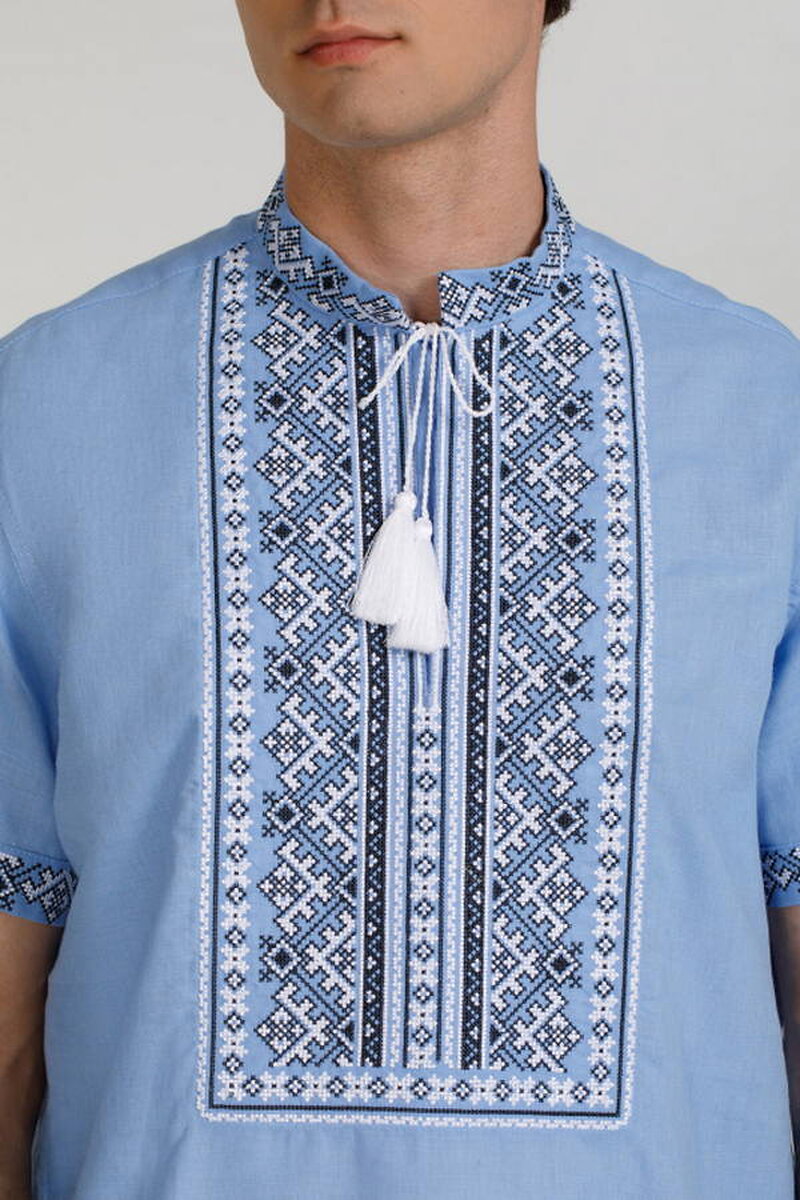 Men's shirt blue linen with cross-stitch embroidery Peresvit