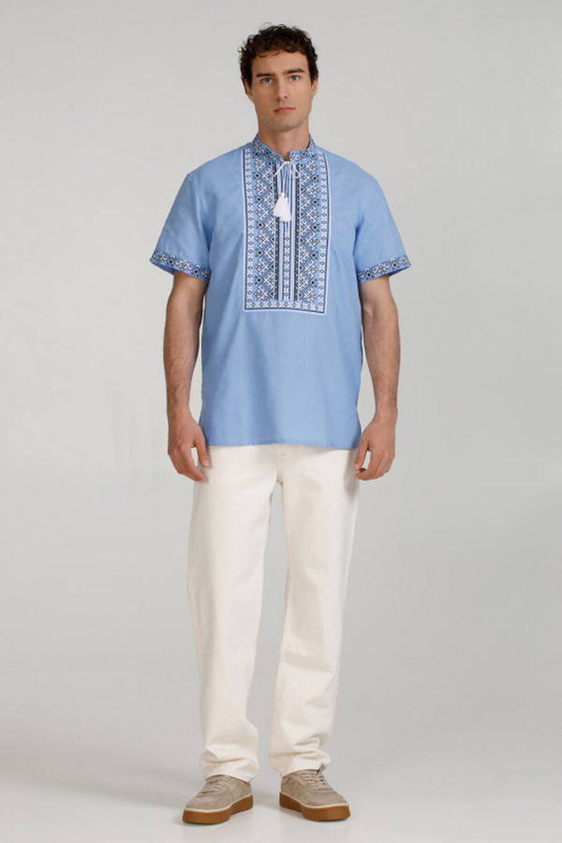 Men's shirt blue linen with cross-stitch embroidery Peresvit