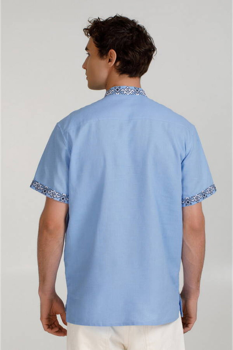 Men's shirt blue linen with cross-stitch embroidery Peresvit