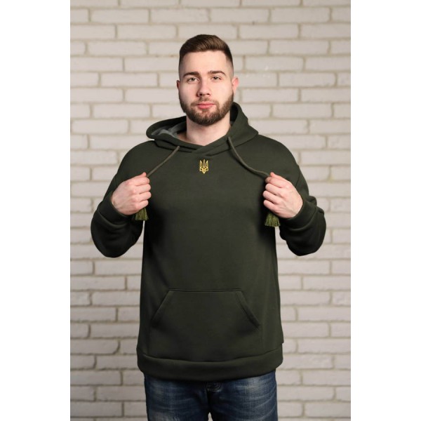 Патриотический худи Тризуб с флисом (хаки с золотой вышивкой), XXL Патриотический худи Тризуб с флисом (хаки с золотой вышивкой), XXL