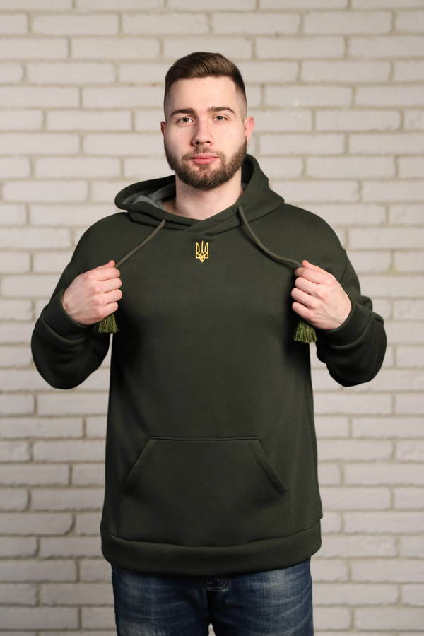 Патриотический худи Тризуб с флисом (хаки с золотой вышивкой), XXL