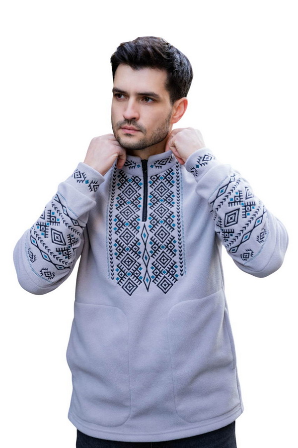 Мужской флисовый свитшот серый с вышивкой Демьян, XXL