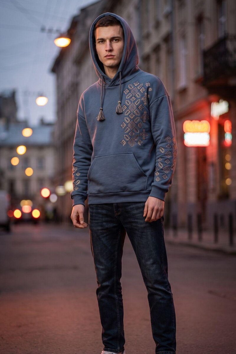 Men's hoodie with fleece lining 'Vidrodzhennya', graphite with gold