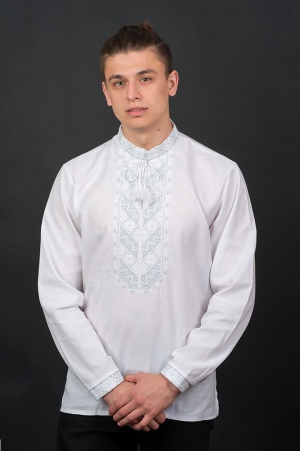 Men's long sleeve embroidered white cross stitch shirt 20070