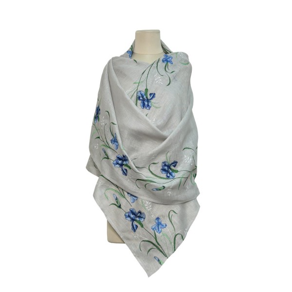 Women's gray scarf made of thin linen with Iris embroidery