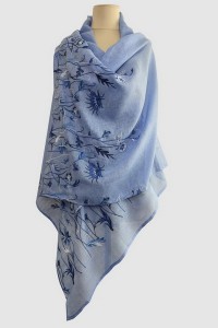 Women's blue scarf Kler, a scarf made of fine linen with exquisite embroidery