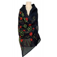 Women's black scarf made of fine linen with Jacquard embroidery