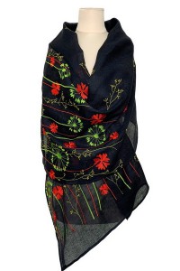 Women's dark blue scarf made of fine linen with Jacquard embroidery