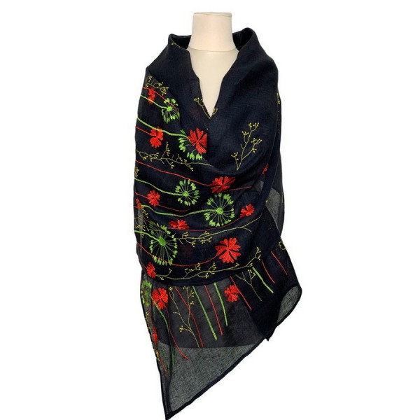 Women's dark blue scarf made of fine linen with Jacquard embroidery